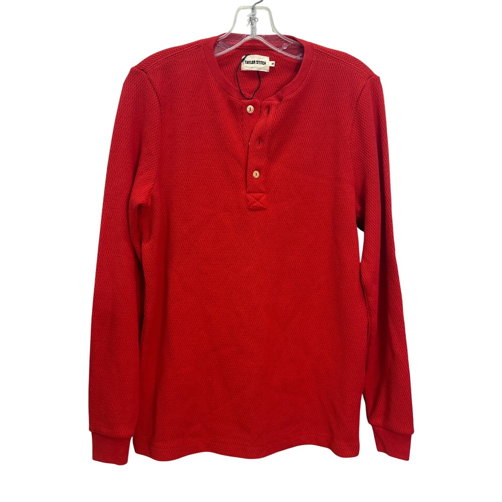 Taylor Stitch Mens Red Heavy Bag Henley Waffle Knit Long Sleeve Shirt 38 S M